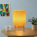 Buruis 2-Tier Table Lamp with Pleated Fabric Shade, Natural Rubber Wood Stand, UL Listed, 10'' Elegant Retro Mid-Century Bedside Lamp for Bedroom, Living Room, Bookshelf, Bulb Not Included, Yellow