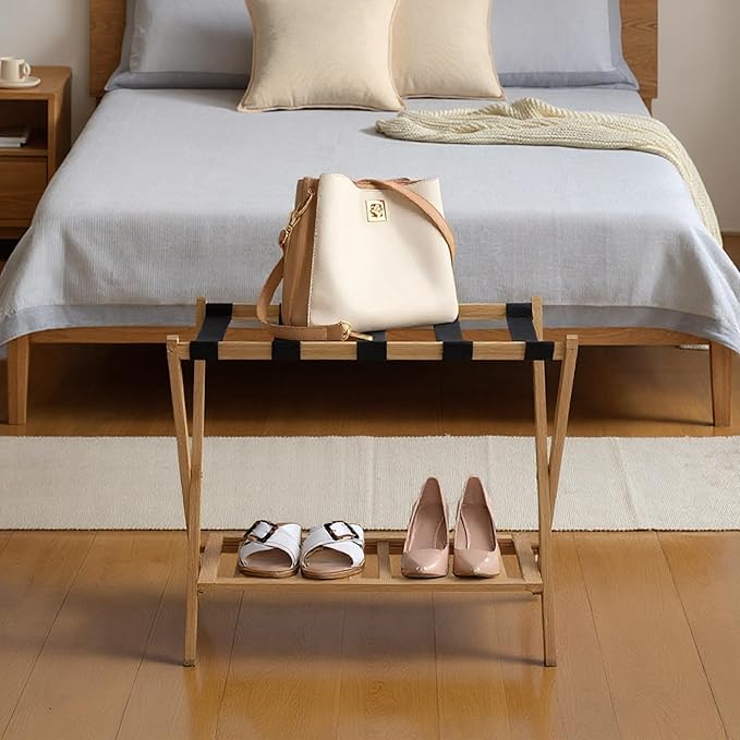 Bamboo Luggage Rack with Shoe Shelf Folding Suitcase Stand with 5 Heavy-Duty Straps for Guest Room Living Room Hotel Ideal Luggage Holder for Suitcases Bags Shoes,Nature