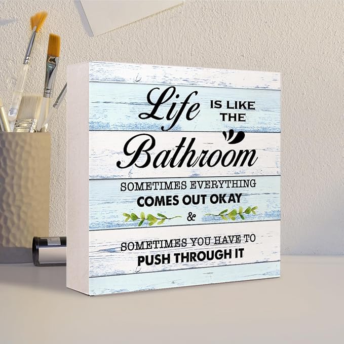 BlueL Life is Like The Bathroom Wooden Box Sign Desk Decor,Funny Bathroom Wood Block Sign for Farmhouse Toilet Shelf Decor