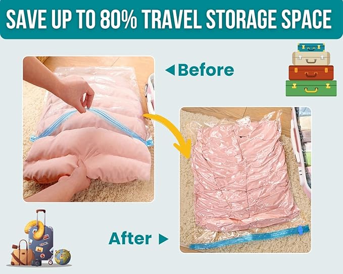 6 Pack Space Saver Vacuum Storage Bags Hand Roll Compression Bags for Travel Luggage Home Organizers
