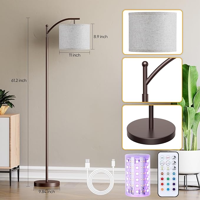 Battery Operated Floor Lamp, RGB Dimmable Cordless Standing Lamp with Remote Control for Living Room, Tall Floor Lamp for Bedroom -Brown