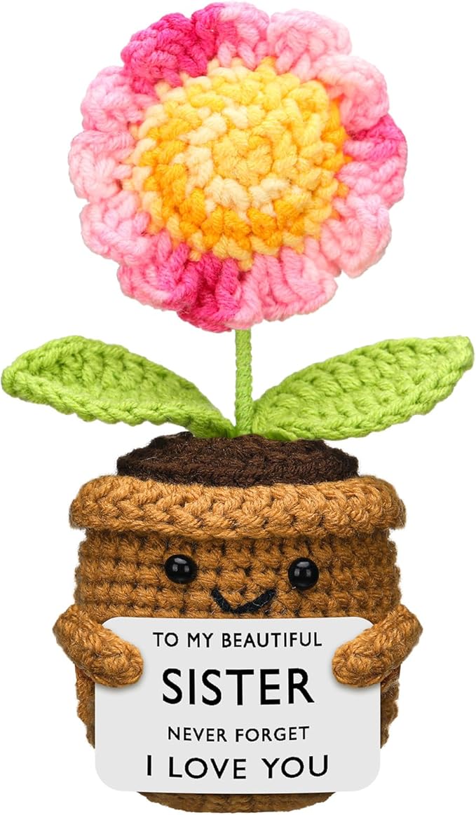 Wavwavw Sister Gifts Handmade Crochet Doll with Card Crochet Present for Sisters Sis Big Little Sister Birthday Wedding Home Decor (Pink Sunflower)