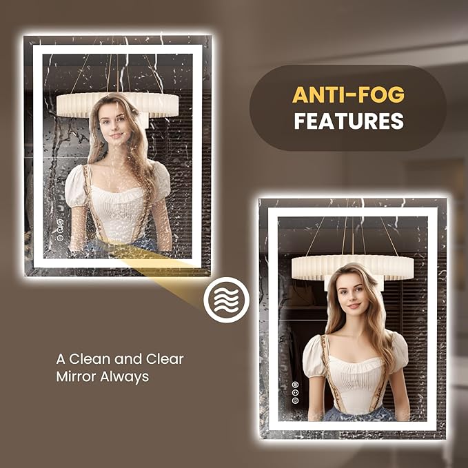 LOAAO 35.4"x29.9" LED Mirror for Bathroom, Lighted Bathroom Mirror with Lights, Anti-Fog, Dimmable, Memory Function, Clear Reflection