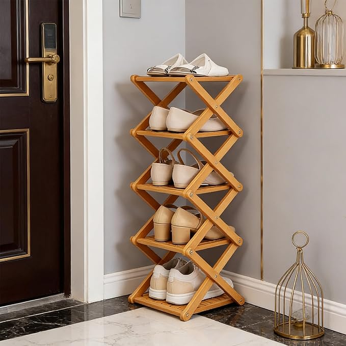 2/3/4/5/6/7/8/9 Tier Bamboo Shoe Rack - Foldable,No Installation Needed,Space-Saving Multi-Tier Storage for Indoor & Balcony Use (Brown,7 Layers)