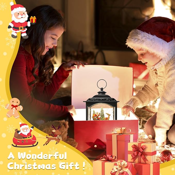 Christmas Snow Globe Lantern Water Glittering Santa Snow Globe with Music and Timer, USB Lined/Battery Operated, Christmas Eve Decorations Gifts, Lighted Lantern for Christmas Festival Decoration