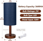 LALISU Small Table Lamp Nightstand Lamp Linen Lampshade Bedroom Wood Base Small Bedside Lamp for Night Stands, Desk Lamps for Reading Living Room, Office (LED Bulb Included) (Blue)