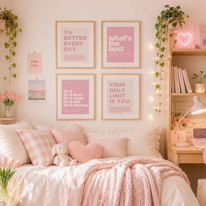 DSHFG Motivational Inspirational Office Wall Art Decor Prints Set of 4, Pink Motivational Wall Decor Trendy Retro Posters for Office Home Decor, 8x10 Unframed
