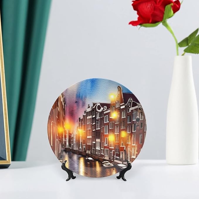 Decorative Plates for Wall Hanging, Grand Canal of Venice, Italy Colorful Painting Ceramic Plate, Wobble-Plate with Display Stand, Home Decor for Kitchen Cabinets, Farmhouse Round Tray 6 Inch