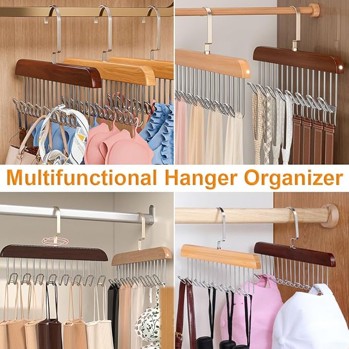Belt Hanger 3 Pack with 24 Hooks, Sturdy Wooden Non-Slip Belt Holder, Space Saving Closet Organizer, Rotating Display Rack for Bra, Hat, Tank Tops