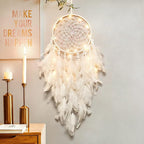 Dremisland White Feathers Dream Catcher Wall Hanging Elegant Wall Art Room Decoration for Windows Balcony Bedroom Wedding Party Gift for Girls and Kids (with Lights)