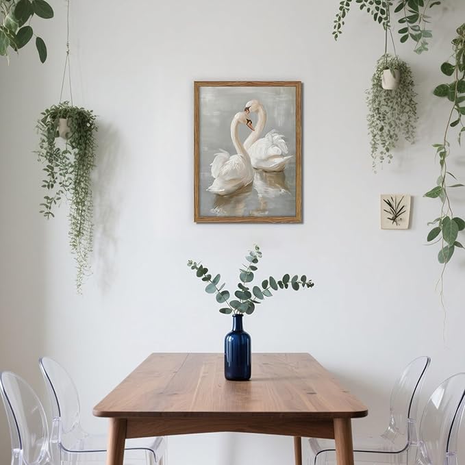 Framed White Swan Canvas Wall Art – Vintage Romantic Swan Oil Painting, Simple Rustic Animal Art Prints, Classical Artwork Wall Decor for Living Room Bedroom Office – 16x24in