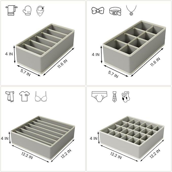 Drawer Organizer Clothes Set, 4 Pack Foldable Dresser Closet Dividers (6/8/7/24-Cell), Non-Woven Underwear & Sock Drawer Organizer, Bra/Tie/Belt Storage Bins (Light Grey)