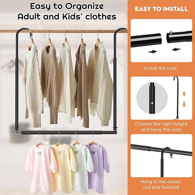 Hanging Closet Rod Adjustable Width Height Closet Rods For Hanging Clothes Black 2 Pack Closet Extender Hanging Rod Clothes Space-Saving Hanging Bar Organizer