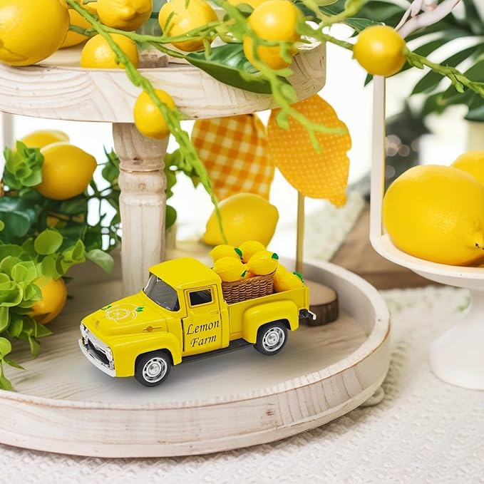 Lemon Decor - 4.9″Farmhouse Vintage Metal Truck with Mini Fake Lemons for Home Kitchen Table, Shelf, Party Decorations and Lemonade Stand Decor Summer Tiered Tray Decoration
