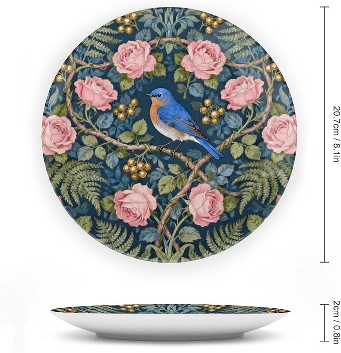 William Morris Forest Rose And Blue Birds Decorative Plate of 6", 7", 8", 10", Custom Christmas Ceramic Display Plate, Custom Gifts, Art Decoration Farmhouse Decorations Club, with Display Stand