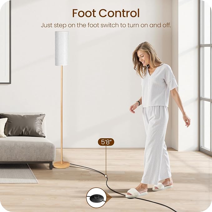 Wooden Textured Pole Lamp, Dimmable Floor Lamps for Living Room with Remote and Foot Switch, 64.4” Standing Tall Lamp, Corner Floor Light for Bedroom, Bulb Included, 3000K-6500K, FCC Listed XE06LD05W1