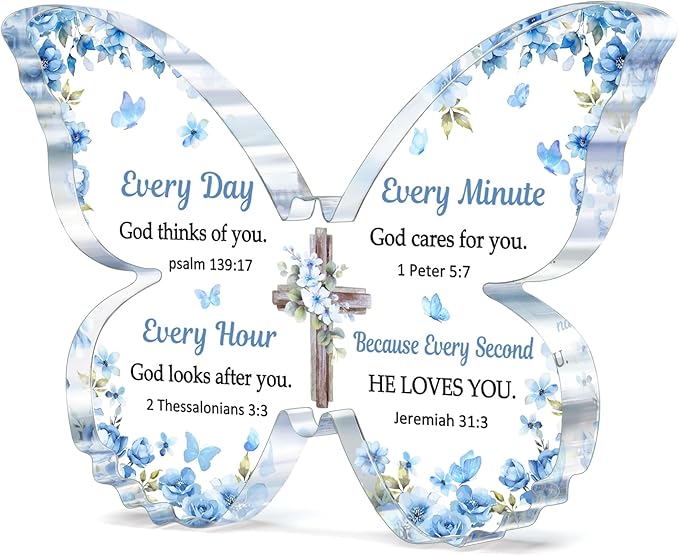 Christian Gifts for Women Faith, Butterfly Acrylic Plaque Sign, Religious Gifts for Women on Mothers Day Birthday Christmas, Spiritual Present for Female Friend Family, 5x3.8x0.5 Inch - Blue