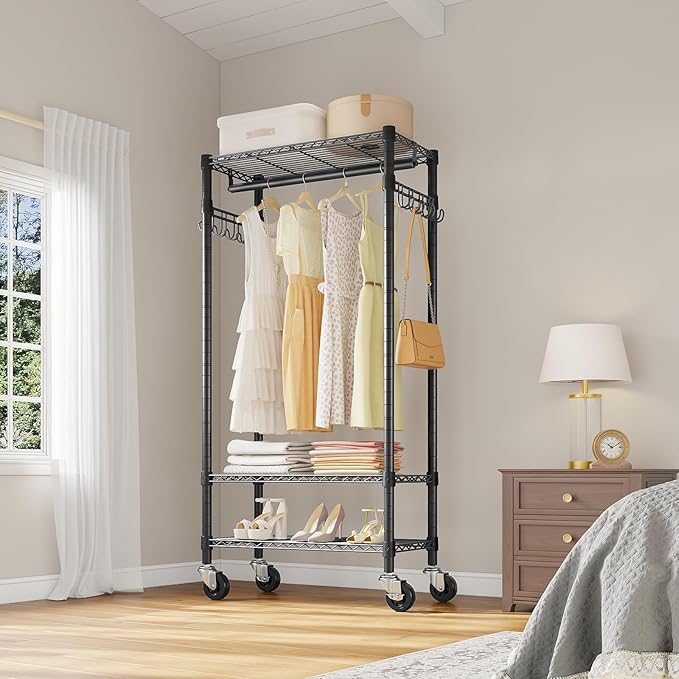 VIPEK R3 Medium Rolling Clothes Racks with Lockable Wheels, Heavy Duty Garment Rack with Adjustable Shelves & Hanging Rod & Side Hooks, Compact Space-Saving Storage for Small Apartments/Dorms (Black)
