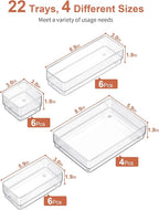 SMARTAKE 22-Piece Drawer Organizer with Non-Slip Silicone Pads, 4-Size Clear Desk Drawer Organizer Trays Storage Tray for Makeup, Jewelries, Utensils in Bedroom Dresser, Office and Kitchen, Clear