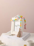 Easter Spring Wood Beaded Garland with Tassels and Bunny Tag Farmhouse Wooden Beads for Tiered Tray Decorations Holiday Country Rustic Prayer Boho Beads Rae Dunn Shelf Décor (Easter Bunny Pink)