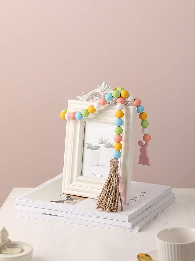 Easter Spring Wood Beaded Garland with Tassels and Bunny Tag Farmhouse Wooden Beads for Tiered Tray Decorations Holiday Country Rustic Prayer Boho Beads Rae Dunn Shelf Décor (Easter Bunny Pink)