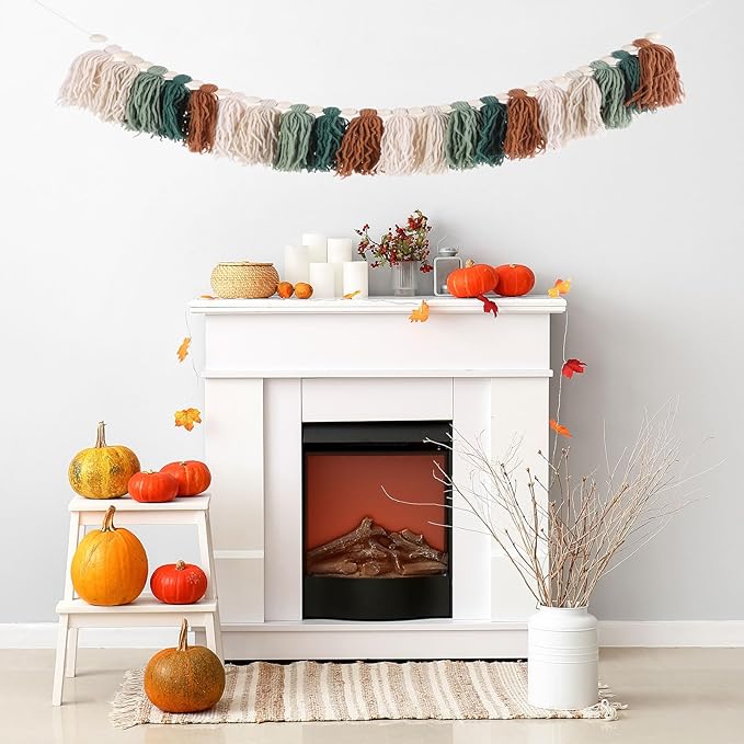 MECCANIXITY Bohemian Yarn Tassel Garland with Wood Beads,3.9Ft Green Brown Cream Beige Forest Wall Hanging Tassels Banner Western Room Decor for Bedroom Office Nursery Party Decorations