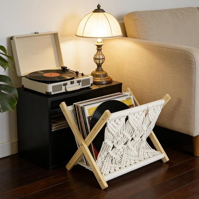 Boho Macrame Magazine Holder,Hand-Woven Magazine Rack for Home Office Desktop, Storage Basket for Letters, Magazines, Books and Newspapers (White)