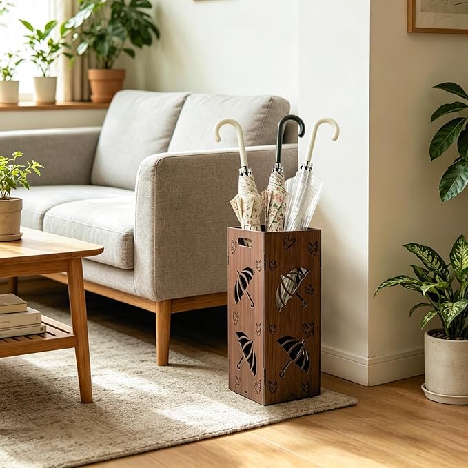 Vintage Umbrella Stand for Entryway, PVC Square Freestanding Umbrella Holder with Removable Water Tray Umbrella Storage Rack for Canes Walking Sticks, Indoor Home, Office, Hotel