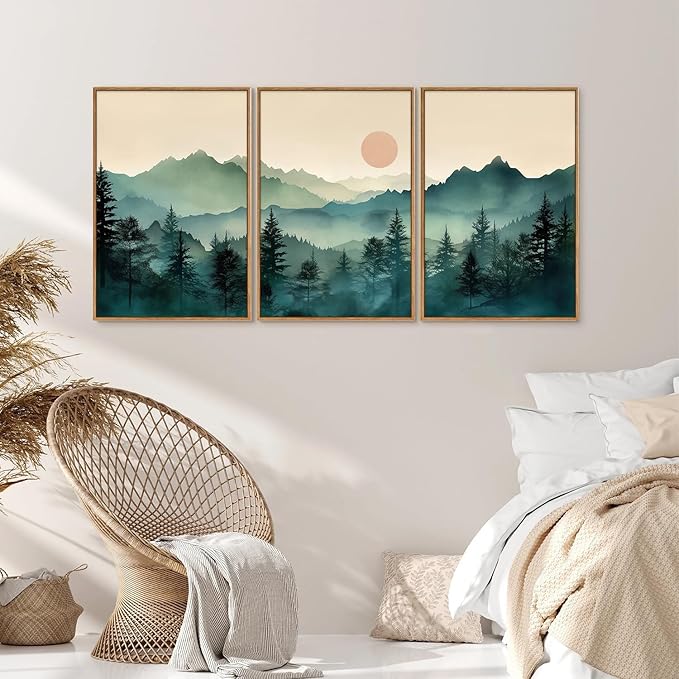 SIGNINART Large Boho Mountain Framed Canvas Wall Art Set, Nature Pine Tree Wall Painting, Abstract Foggy Forest Wall Decor, Modern Sunrise Art Prints for Bedroom Living Room and Office - 24"x36"x3