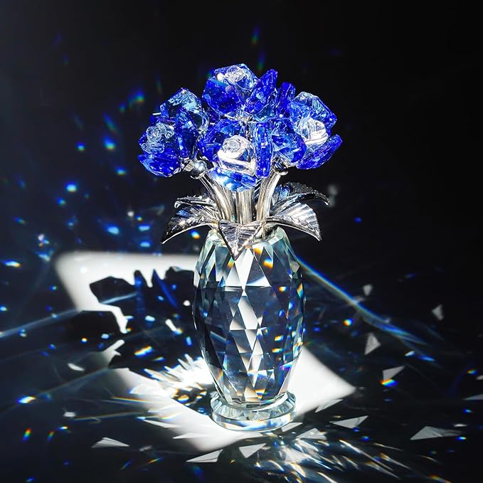 H&D HYALINE & DORA Blue Crystal Rose Flower Paperweight,Glass Flower Gifts for Women Girl Wife,Crystal Flowers Bouquet Collectible for Christmas Day Wedding Anniversary