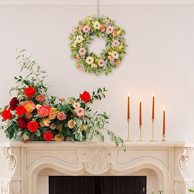 20 Inch Spring Wreaths for Front Door, Artificial Pink Gerbera Daisy & Yellow Rose Floral Wreath with Lamb's Ear Leaves & Greenery, Farmhouse Summer Wreath for Wall Window Porch Home Decor
