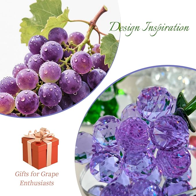 Grape Cluster Crystal Decor Sculpture, Sparkling High-Transparency Faceted Design, Luxurious High-End Crystal with Mirror Base, Elegant Home/Office Display, Gift for Collectors & Fruit Lovers (Purple)