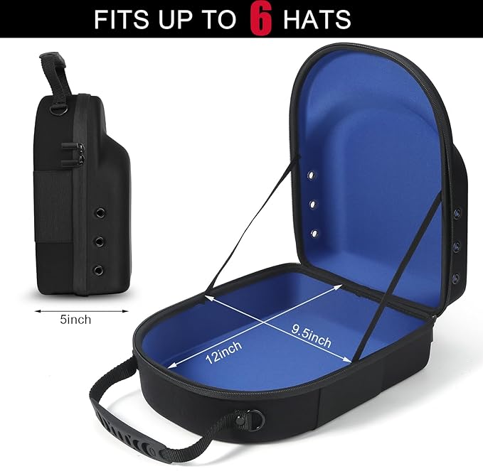 Hard baseball hat case, Hat Carrier Travel Case with Adjustable Shoulder Strap, Hat cap case for 6 Baseball Caps - Perfect for Traveling & At-Home Storage (Black with Blue)