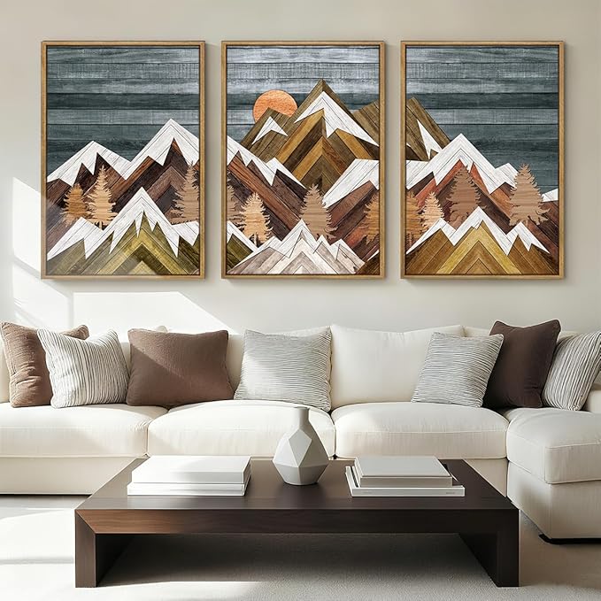 BINCUE Rustic Mountain Canvas Wall Pictures Framed Mountain Wall Art Nature Landscape Artwork Boho Mountain Wall Decor Farmhouse Paintings Rustic Landscape Art Prints for Office Living Room Bedroom 16x24 Inches Set of 3