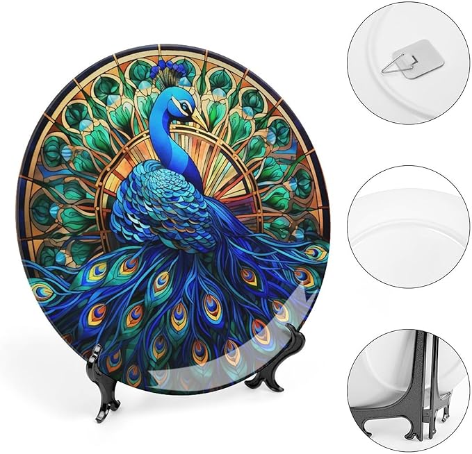 Decorative Plates, Watercolor Peacock Stained Glass Design Ceramic Dinner Plate Home Wobble-Plate with Display Stand, Wall Hanging Decor for Kitchen Household 10 Inch, Gifts for Peacocks Lover