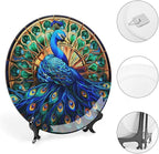 Decorative Plates, Watercolor Peacock Stained Glass Design Ceramic Dinner Plate Home Wobble-Plate with Display Stand, Wall Hanging Decor for Kitchen Household 10 Inch, Gifts for Peacocks Lover