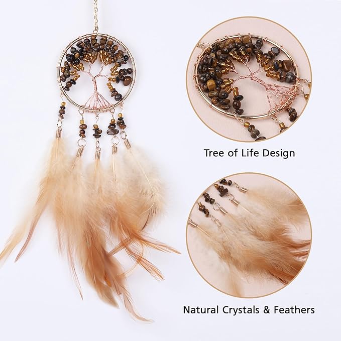 Pretty Jolly Small Tree of Life Crystal Stone Dream Catchers Brown Feathers Mini Dreamcatchers for Cars Rear View Mirror Hanging Decoration Good Luck Travel Charm Bedroom Ornaments for Women Girls
