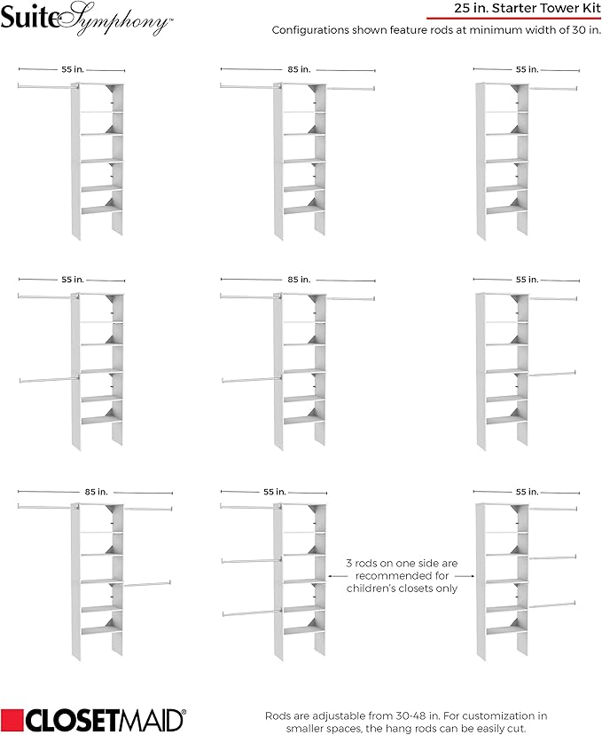 ClosetMaid SuiteSymphony Wood Closet Organizer Starter Kit with Tower and 3 Hang Rods, Shelves, Adjustable, Fits Spaces 5 – 10 ft. Wide, Natural Gray