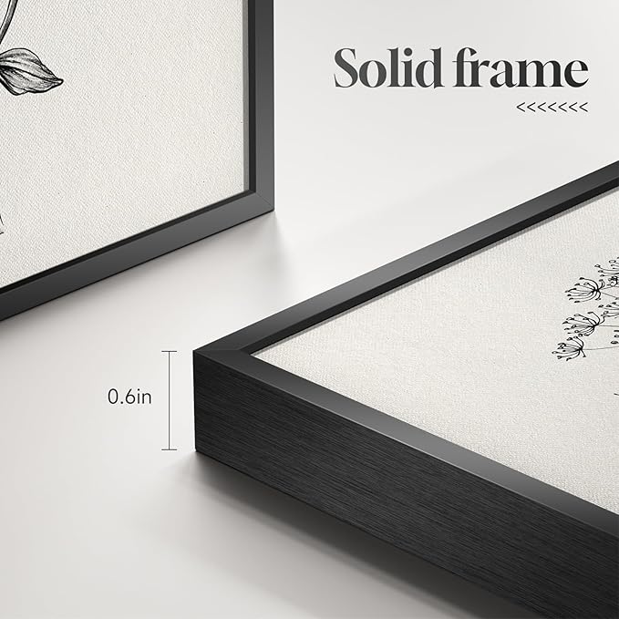 Framed Black and White Floral Wall Art for Living Room, 4 Piece Vintage Botanical Canvas Painting Prints Artwork for Walls, Rustic Minimalist Flower Pictures for Bedroom Hallway Kitchen Wall Decor