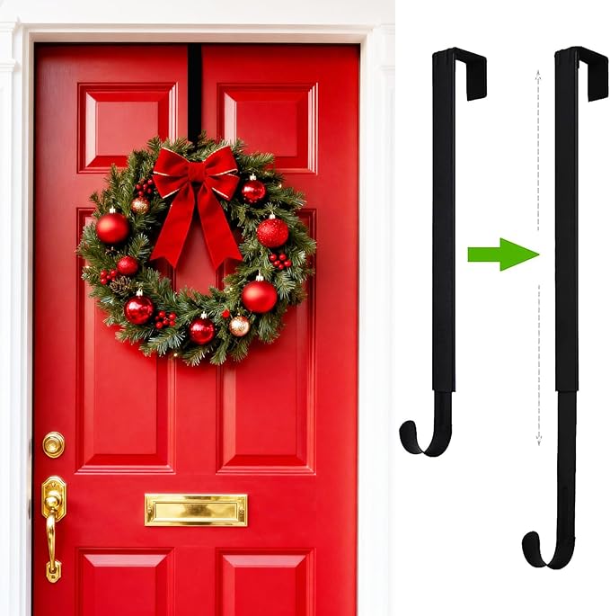Wreath Hanger for Front Door, Adjustable from 15" to 25" Wreath Door Hanger for Christmas Fall Wreaths Decorations Hook, Black