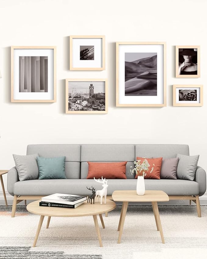 Egofine 9x12 Picture Frames Set of 4, Made of Solid Wood Covered by Plexiglass 5x7 and 6x8 with Mat or 9x12 without Mat, for Table Top Display and Wall Mounting Photo Frame Oak Wood
