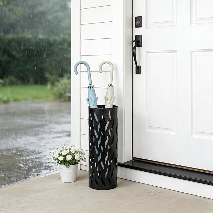 Umbrella Holder, Metal Umbrella Stand for Entryway, Umbrella Storage Rack with 4 Hooks Decor, Home, Office,5.8 × 5.8 × 16.4 (Black)