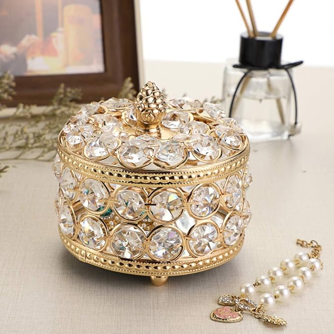 Hipiwe Crystal Mirrored Jewelry Box Jewelry Trinket Organizer Box Home Decor Ring Earrings Necklace Storage Holder Keepsake Box