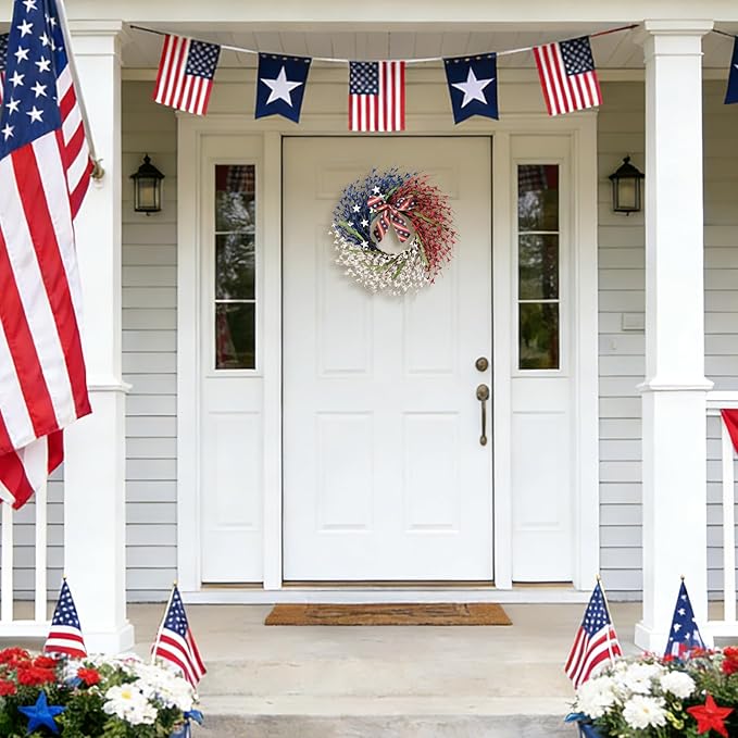 22 Inch Large Patriotic Wreath with Flag Bow, Red White Blue Forsythia Flowers & White Stars, Memorial Day 4th of July Front Door Decor