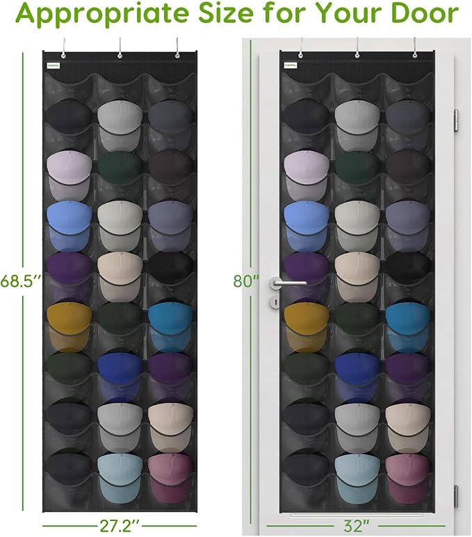 Unjumbly Baseball Hat Rack, 27 Pocket Over-The-Door Hat Organizer with Clear Deep Pockets to Display Baseball Caps Collection, Complete with 3 Over Door Hooks (Black, 27 Pockets)