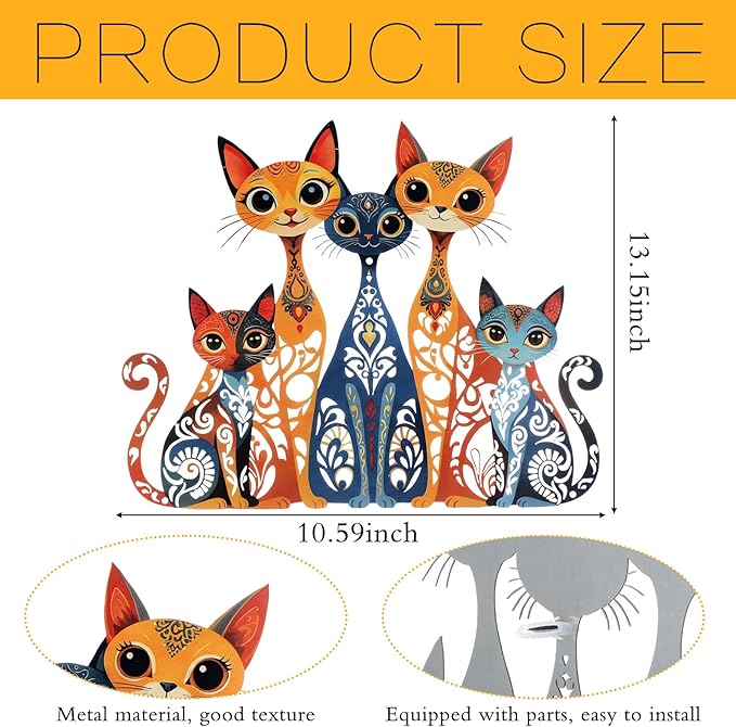 Wesiti Cat Wall Art Decor Iron Wall Sculptures Decor for Cats Lover 10.6 x 13.15 Inches Colorful Retro Mid Century Cat Signs for Home Living Room Bedroom Kitchen Office(Stylish)