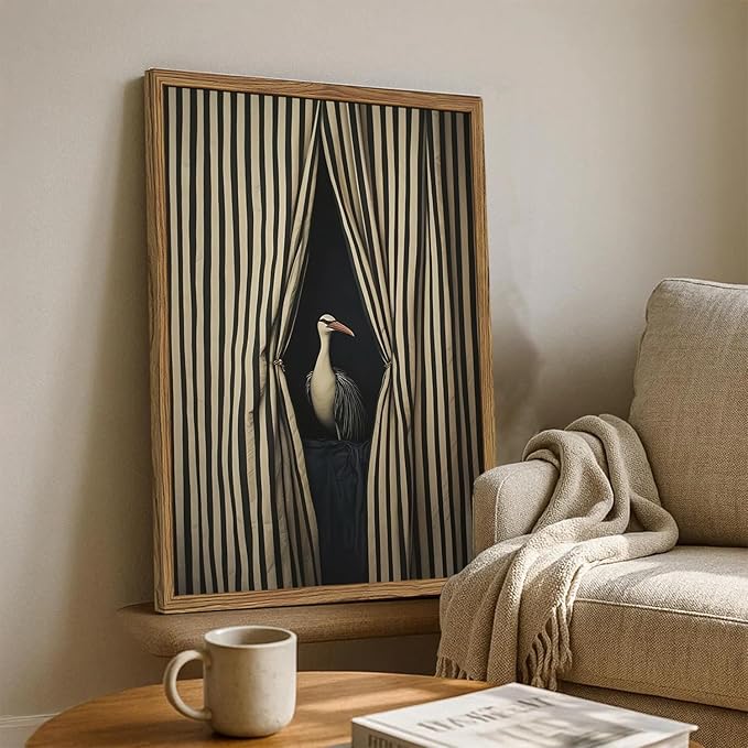 Framed Moody Crane Wall Art, Eclectic Vintage Bird Pictures Wall Decor Paintings, Surreal Humorous Animal with Black and White Striped Canvas Prints for Living Room Bedroom Bathroom Dorm 12x16 inch
