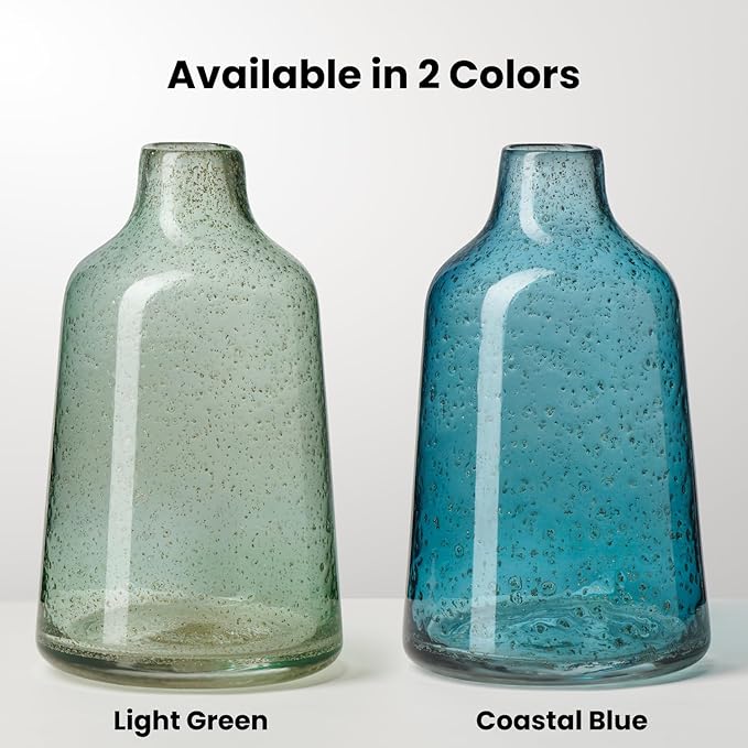 Torre & Tagus 10 Inch Tall Green Glass Vase with Gold Flakes, Mouth Blown Glass Vases Green Flower Vase Centerpieces, Watertight for Hydroponic Plants, Coastal Seagreen Gold Decor Accents (Marina)