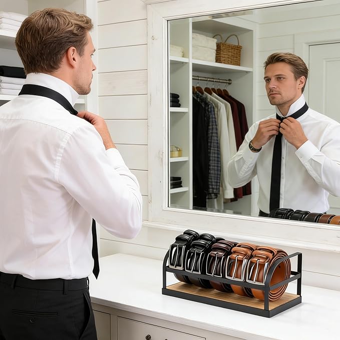 Belt Organizer - Belt Storage for Closet Drawer Dresser Wood Belt Rack Display, 5 Compartments, Gift for Man
