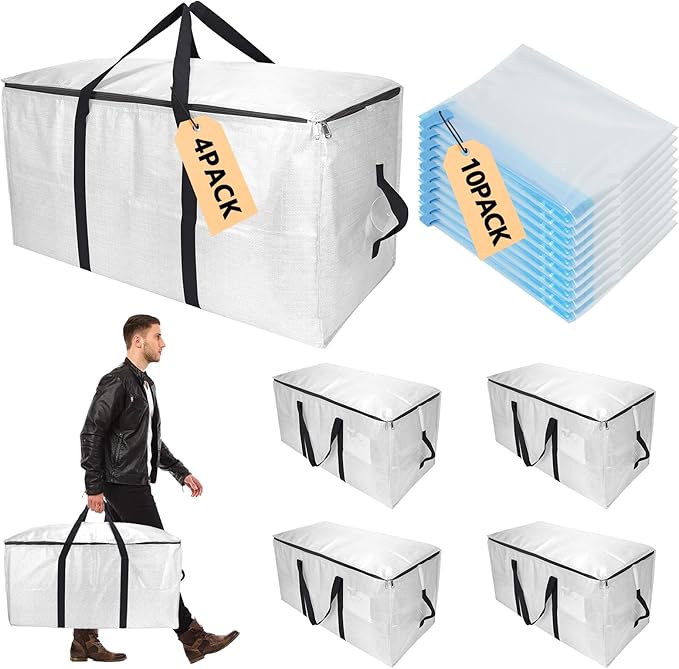 Extra Large Storage Bags Set Heavy Duty Moving Totes with Handles, Waterproof Dual-Way Carrying Design & Vacuum Space Bag,College Dorm,Christmas Decorations(4 Moving bag & 10 Vacuum Seal Bags)